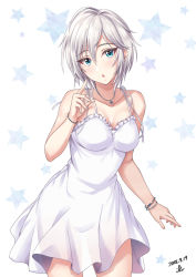 Rule 34 | anastasia (idolmaster), bare shoulders, blue eyes, blush, bracelet, breasts, cleavage, collarbone, dated, dress, eyelashes, hair between eyes, highres, idolmaster, idolmaster cinderella girls, jewelry, looking at viewer, medium breasts, necklace, open mouth, short hair, silver hair, solo, solo focus, star (symbol), starry background, thighs, white background, white dress, yoohi