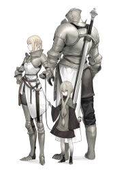 Rule 34 | 1boy, 2girls, armor, armored boots, blonde hair, blue eyes, boots, breastplate, foot wraps, full armor, gauntlets, grey eyes, hand on own hip, helmet, highres, holding, holding leash, km yama, leash, long hair, looking at viewer, looking away, looking to the side, multiple girls, original, pale skin, plate armor, sabaton, shoulder armor, sword, weapon, weapon on back