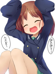 Rule 34 | 10s, 1girl, ^ ^, arms up, brown hair, buttons, child, closed eyes, girls und panzer, highres, makuran, military, military uniform, open mouth, sakaguchi karina, school uniform, short hair, simple background, sitting, sleeves past wrists, solo, translated, uniform, white background
