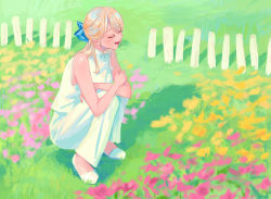 Rule 34 | 1girl, blonde hair, blue bow, bow, dyuba000, closed eyes, flower, grass, hair bow, highres, long hair, open mouth, original, pants, pink flower, shadow, shirt, shoes, sleeveless, sleeveless shirt, smile, solo, squatting, white footwear, white pants, white shirt, wide shot, yellow flower
