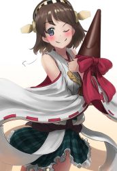 Rule 34 | 10s, 1girl, ao iro, blue eyes, brown hair, chocolate, detached sleeves, gradient background, green skirt, hairband, headgear, hiei (kancolle), highres, japanese clothes, kantai collection, nontraditional miko, one eye closed, plaid, plaid skirt, ribbon-trimmed sleeves, ribbon trim, short hair, skirt, smile, solo, valentine, wide sleeves, yellow background