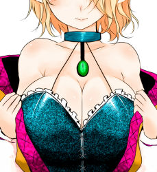 Rule 34 | 1girl, alternate costume, bare shoulders, breast focus, breasts, brooch, catherine cover parody, choker, cleavage, collar, female focus, han (jackpot), head out of frame, huge breasts, jewelry, large breasts, mizuhashi parsee, pointy ears, short hair, solo, touhou, undressing, upper body