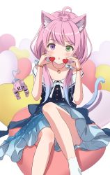 Rule 34 | 1girl, :o, absurdres, ahoge, animal ear fluff, animal ears, blue dress, blush, cat ears, cat girl, cat tail, crescent, crescent earrings, crescent necklace, dress, earrings, gradient hair, green eyes, heterochromia, highres, himemori luna, himemori luna (sundress), hololive, jewelry, long hair, looking at viewer, low twintails, luknight (himemori luna), medium dress, multicolored hair, necklace, off-shoulder dress, off shoulder, open mouth, pink hair, pleio, print dress, purple eyes, purple hair, revision, sailor collar, sailor dress, sitting, socks, solo, star (symbol), star print, tail, twintails, virtual youtuber, white sailor collar, white socks