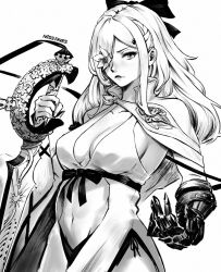Rule 34 | 1girl, artist name, bow, breasts, closed mouth, commentary, drag-on dragoon, drag-on dragoon 3, eyelashes, flower, flower over eye, greyscale, hair bow, holding, holding sword, holding weapon, long hair, mechanical arms, medium breasts, miss faves, monochrome, navel, prosthesis, prosthetic arm, simple background, single mechanical arm, solo, sword, twitter username, weapon, white background, zero (drag-on dragoon)