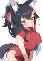 Rule 34 | 1girl, absurdres, alternate costume, animal ear fluff, animal ears, bare arms, black hair, blush, breasts, brown eyes, china dress, chinese clothes, dress, hair ornament, heart, highres, hiroisora (smhong04), hololive, large breasts, long hair, looking at viewer, multicolored hair, ookami mio, ponytail, red hair, simple background, smile, solo, spoken heart, streaked hair, tail, upper body, v arms, virtual youtuber, white background, wolf ears, wolf girl, wolf tail