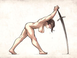 Rule 34 | 1girl, ass, bad tag, barefoot, breasts, brown hair, character request, closed eyes, closed mouth, commentary, completely nude, english commentary, from side, full body, hanging breasts, highres, holding, holding sword, holding weapon, ironlily, large breasts, leaning forward, nipples, nude, original, planted, planted sword, planted weapon, short hair, simple background, solo, standing, stretching, sword, thighs, weapon, white background