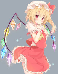 Rule 34 | 1girl, ascot, blonde hair, blush, flandre scarlet, hat, hat ribbon, highres, looking at viewer, mob cap, puffy short sleeves, puffy sleeves, red eyes, red ribbon, red skirt, ribbon, sakura suzu, short sleeves, side ponytail, simple background, skirt, skirt set, smile, solo, standing, star (symbol), touhou, vest, wings, wrist cuffs