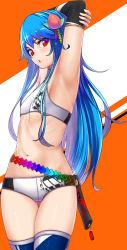 Rule 34 | 1girl, absurdres, adapted costume, armpit crease, armpits, arms up, blue hair, blush, breasts, buruma, commentary request, cowboy shot, crop top, detached sleeves, flat chest, food, fruit, gluteal fold, haiiro gundan, hair fruit, highres, hinanawi tenshi, leaf, long hair, looking at viewer, midriff, navel, no headwear, orange background, parted lips, peach, race queen, red eyes, ribs, sidelocks, skindentation, small breasts, solo, standing, stomach, thigh gap, thighhighs, thighs, touhou, twisted torso, two-tone background, very long hair, white background