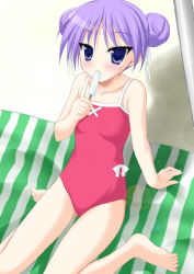 Rule 34 | 00s, 1girl, alternate hairstyle, arm support, barefoot, blue eyes, blue hair, double bun, hiiragi kagami, leaning back, lucky star, matching hair/eyes, minamori noeru, one-piece swimsuit, popsicle, purple hair, sitting, solo, swimsuit, wariza