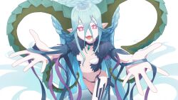Rule 34 | 19 chisinlo, 1girl, aqua hair, blue panties, blue shirt, blue thighhighs, braid, breasts, choker, cropped shirt, curled horns, fate/grand order, fate (series), hair between eyes, highleg, highleg panties, highres, horns, jewelry, larva tiamat (fate), larva tiamat (third ascension) (fate), long hair, looking at viewer, navel, open mouth, outstretched arms, panties, pendant, pink eyes, pointy ears, shirt, shrug (clothing), sidelocks, small breasts, smile, solo, striped clothes, striped sleeves, striped thighhighs, symbol-shaped pupils, tail, thighhighs, thighs, tiamat (fate), underwear, very long hair