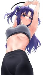Rule 34 | 1girl, alternate costume, arms up, black leggings, blue archive, blush, grey sports bra, halo, highres, lds (dstwins97), leggings, long hair, looking at viewer, navel, own hands together, purple eyes, ribs, simple background, solo, sports bra, stretching, sweat, two side up, very long hair, white background, yuuka (blue archive)