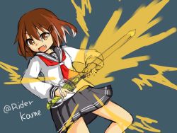Rule 34 | &gt;:d, 1girl, :d, brown eyes, brown hair, commentary request, fang, hair ornament, hairclip, ikazuchi (kancolle), kame rider, kamen rider, kamen rider fourze, kamen rider fourze (series), kantai collection, neckerchief, one-hour drawing challenge, open mouth, parody, pleated skirt, red neckerchief, school uniform, serafuku, short hair, sketch, skirt, smile, solo, twitter username, v-shaped eyebrows