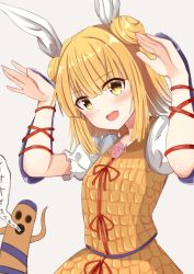 Rule 34 | 1girl, arm guards, armor, arms up, blonde hair, blush, commentary request, double bun, eyes visible through hair, grey background, hair bun, hair ribbon, haniwa (statue), highres, joutouguu mayumi, looking at viewer, open mouth, puffy short sleeves, puffy sleeves, rabbit pose, ribbon, shirt, short hair, short sleeves, sidelocks, simple background, solo, standing, tksand, touhou, upper body, white shirt, yellow eyes