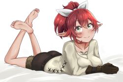 Rule 34 | 1girl, barefoot, blush, feet, goblin slayer!, green eyes, long hair, looking at viewer, lying, on stomach, pointy ears, ponytail, red hair, rhea fighter (goblin slayer!), smile, soles, the pose, toes, yon senpai