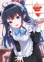 Rule 34 | 1girl, ahoge, alternate costume, apron, black hair, blue bow, blue bowtie, blue eyes, blush, bow, bowtie, collared dress, commentary request, cowboy shot, crossed bangs, dot nose, double bun, dress, enmaided, frilled apron, frills, hair bow, hair bun, hand on thigh, hand up, holding, holding tray, izumo kasumi (nijisanji), juliet sleeves, leaning forward, long hair, long sleeves, looking at viewer, maid, maid apron, maid cafe, maid headdress, mizunashi hayate, nijisanji, open mouth, parfait, puffy sleeves, sleeve cuffs, smile, solo, tray, virtual youtuber, waist apron, white apron