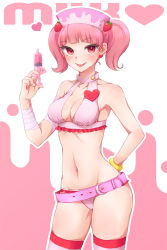 Rule 34 | 1girl, bad id, bad pixiv id, bikini, blush, breasts, cleavage, hat, looking at viewer, mironomeo, navel, nurse, nurse cap, pink bikini, pink eyes, pink hair, smile, solo, swimsuit, syringe, thighhighs, tongue, tongue out, twintails