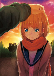 Rule 34 | 1girl, blonde hair, hand on another&#039;s head, highres, mina m, mochizuki mina, original, outstretched arm, scarf, school uniform, short hair, solo focus, tears