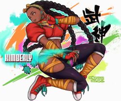 Rule 34 | 1girl, arm wrap, black hair, bow hairband, brown eyes, brown lips, cable, capcom, character name, colored tips, commentary, cropped jacket, dark-skinned female, dark skin, dated, earbuds, earphones, english commentary, fingerless gloves, flower, forehead, gloves, graffiti, hairband, hershuar, hip vent, jacket, kimberly jackson, leg wrap, linea alba, listening to music, long hair, looking to the side, lowleg, lowleg pants, multicolored hair, navel, pants, puffy short sleeves, puffy sleeves, quad braids, red flower, red gloves, red jacket, scarf, shoes, short sleeves, smartwatch, sneakers, solo, spray can, street fighter, street fighter 6, thighs, toned, twitter username, very dark skin, walkman, wristwatch