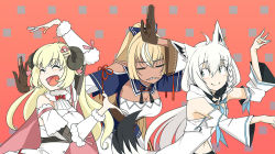 Rule 34 | 3girls, ahoge, animal ears, black gloves, blonde hair, blue eyes, blush, bow, braid, breasts, brooch, cape, cleavage, closed eyes, closed mouth, clothing cutout, commentary, corset, dark-skinned female, dark skin, detached sleeves, dress, earrings, eizouken ni wa te wo dasu na!, fox ears, fox shadow puppet, fur-trimmed dress, fur trim, gloves, hair between eyes, hair bow, hair ornament, hair ribbon, hairclip, hololive, hood, hoodie, hopper, horns, jewelry, long hair, looking to the side, medium breasts, midriff, multicolored hair, multiple girls, navel, open mouth, parody, patterned background, pink cape, pointy ears, ponytail, red background, ribbed sleeves, ribbon, sheep ears, sheep horns, shirakami fubuki, shirakami fubuki (1st costume), shiranui flare, shiranui flare (old design), shoulder cutout, side braid, simple background, small breasts, smile, streaked hair, tassel, teeth, tsunomaki watame, tsunomaki watame (1st costume), two-tone hair, upper body, virtual youtuber, white dress, white hair, white hoodie