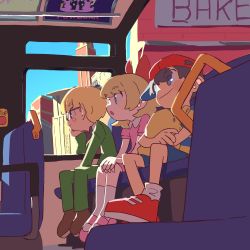 Rule 34 | 1girl, 2boys, :o, backpack, bag, baseball cap, black hair, blonde hair, blue eyes, bow, bowtie, brown footwear, building, bus, day, dress, freckles, glasses, green pants, hair between eyes, hair bow, hat, head rest, highres, holding, holding bag, jacket, jacktaro, jeff andonuts, long sleeves, mother (game), mother 2, motor vehicle, multiple boys, ness (mother 2), nintendo, pants, parted lips, paula (mother 2), pink dress, pink footwear, red bow, red footwear, seat, shirt, shoes, short sleeves, shorts, sideways hat, sitting, smile, sneakers, socks, striped clothes, striped shirt, vehicle interior, white legwear