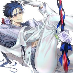 Rule 34 | 1boy, alternate costume, blue hair, cu chulainn (fate), cu chulainn (fate/stay night), earrings, fate/stay night, fate (series), flower, formal, gae bolg (fate), gloves, grin, highres, jacket, jewelry, long hair, long sleeves, looking at viewer, male focus, pants, ponytail, red eyes, ribbon, rose, shirt, simple background, smile, solo, spiked hair, striped clothes, striped shirt, suit, tarako (kubo315), white flower, white gloves, white rose, white suit