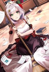 Rule 34 | 1girl, absurdres, apron, armband, artezahn, bare shoulders, black apron, braid, breasts, broom, checkered floor, cleavage, commentary, dress, dutch angle, genshin impact, green eyes, grin, hat, highres, holding, holding broom, looking at viewer, medium breasts, noelle (genshin impact), paper, short hair, sitting, smile, solo, waist apron, white dress, white hair