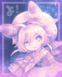 Rule 34 | 1girl, ahoge, ascot, border, bow, capelet, hat, hat bow, highres, ito daka, looking at viewer, nijisanji, no nose, pink hair, pink theme, purple theme, short hair, sky, solo, sparkling eyes, star (sky), star (symbol), starry background, starry sky, upper body, ushimi ichigo, virtual youtuber