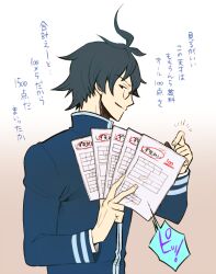 Rule 34 | 1boy, ace attorney, ahoge, black hair, blue jacket, closed mouth, academic test, glasses, holding, holding paper, hugh o&#039;conner, jacket, long sleeves, male focus, minashirazu, paper, phoenix wright: ace attorney - dual destinies, pointing, school uniform, short hair, smile, solo, academic test, uniform, upper body