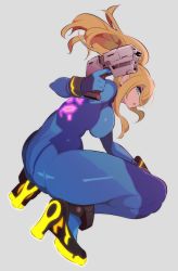 Rule 34 | 1girl, absurdres, ass, blonde hair, blue eyes, bodysuit, breasts, gun, highres, large breasts, long hair, looking at viewer, metroid, mole, mole under mouth, nac000, nintendo, ponytail, samus aran, simple background, skin tight, solo, weapon, zero suit