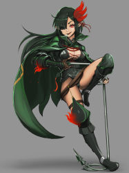 Rule 34 | 1girl, amanda (tensei shitara ken deshita), black hair, boots, breasts, cape, cleavage, dark-skinned female, dark skin, elf, eyes visible through hair, full body, green cape, grey background, hair between eyes, hair over one eye, highres, large breasts, long ears, long hair, looking at viewer, open mouth, pointy ears, red eyes, rokuba, shadow, simple background, smile, solo, tensei shitara ken deshita, thigh boots, thighhighs, thighs, v-shaped eyebrows, whip