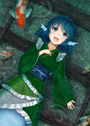 Rule 34 | 1girl, :d, absurdres, afloat, animal print, blue eyes, blue hair, commentary request, drill hair, fins, gravel, green kimono, hand on own chest, head fins, highres, in water, japanese clothes, kimono, koi, long sleeves, looking at viewer, luke (kyeftss), lying, mermaid, monster girl, obi, on back, open mouth, partially submerged, railroad tracks, ripples, sash, short hair, short kimono, smile, solo, touhou, twin drills, wakasagihime, wide sleeves