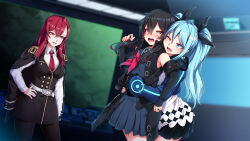 Rule 34 | 3girls, ahoge, annie bass, arata, blue eyes, blue hair, blurry, blurry background, blush, breasts, coat, female focus, hair between eyes, hand on own hip, highres, hug, hug from behind, indoors, legs, long hair, looking at another, maryl von brown (witch&#039;s weapon), medium breasts, multicolored hair, multiple girls, necktie, one eye closed, open mouth, orange eyes, red eyes, red hair, ren (witch&#039;s weapon), school uniform, skirt, small breasts, smile, standing, thighs, twintails, two-tone hair, uniform, witch&#039;s weapon