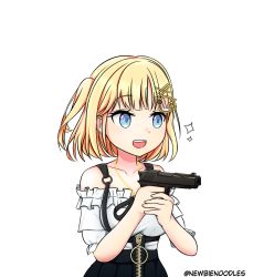 Rule 34 | 1girl, blonde hair, blue eyes, collarbone, finger on trigger, gun, hair ornament, handgun, highres, hololive, hololive english, jewelry, necklace, newbienoodles, open mouth, pistol, shirt, solo, twitter username, virtual youtuber, watson amelia, watson amelia (street casual), weapon, white shirt, zipper