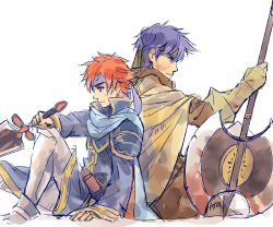 Rule 34 | 2boys, anocurry, armor, axe, blue eyes, blue hair, cape, cosplay, durandal (fire emblem), eliwood (fire emblem), fingerless gloves, fire emblem, fire emblem: path of radiance, fire emblem: the blazing blade, fire emblem heroes, gloves, greil, greil (cosplay), headband, ike (fire emblem), male focus, multiple boys, nintendo, red hair, short hair, simple background, sword, weapon