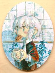 Rule 34 | 1girl, black dress, blue eyes, blush, bright pupils, chocolate chip cookie, collared dress, cookie, cowlick, cup, dress, food, food in mouth, food on face, from side, hands up, highres, holding, holding cup, jitome, kezuru, long sleeves, looking ahead, medium hair, mouth hold, mug, necktie, no sclera, original, painting (medium), plant, solo, tile wall, tiles, traditional media, upper body, white hair, white necktie, white pupils