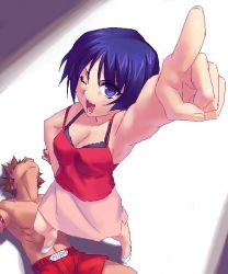 Rule 34 | 1boy, 1girl, ;d, armpits, bare shoulders, breasts, camisole, cleavage, collarbone, foreshortening, from above, girl on top, hand on own hip, index finger raised, kurusugawa ayaka, looking at viewer, lying, medium breasts, muscular, oekaki, on back, one eye closed, open mouth, pointing, pointing at viewer, pointing up, purple eyes, purple hair, short hair, smile, standing, to heart, to heart (series), toned, unconscious, zen