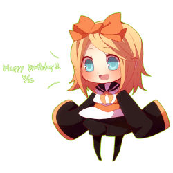 Rule 34 | 1girl, bad id, bad pixiv id, black pantyhose, blonde hair, blue eyes, bow, chibi, detached sleeves, female focus, full body, gradient background, hair bow, happy birthday, kagamine rin, pantyhose under shorts, neckerchief, niwako, open mouth, pantyhose, pigeon-toed, shorts, sleeves past wrists, solo, vocaloid, white background