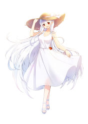 Rule 34 | 1girl, :d, arm up, bad id, bad pixiv id, bare shoulders, blush, bow, breasts, crossed legs, dress, full body, hand on headwear, hat, hat bow, head tilt, long hair, looking at viewer, medium breasts, open mouth, original, pointy ears, red eyes, sandals, silver hair, simple background, skirt hold, sleeveless, sleeveless dress, smile, solo, standing, straw hat, sundress, teeth, tp (kido 94), upper teeth only, very long hair, watson cross, white bow, white dress, white footwear