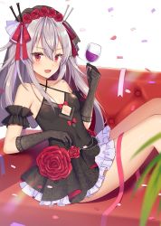 Rule 34 | 1girl, alcohol, azur lane, black dress, black gloves, blurry, blush, cup, depth of field, dress, drinking glass, fang, gloves, hair between eyes, hair ribbon, halterneck, highres, izumo neru, long hair, looking at viewer, open mouth, red eyes, ribbon, silver hair, sitting, smile, solo, vampire (azur lane), vampire (eloi&#039;s blessing) (azur lane), very long hair, white background, wine, wine glass