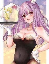 Rule 34 | 1girl, animal ears, aridamikannn, bare shoulders, breasts, bunny day, cleavage, covered navel, cup, drinking glass, fishnets, gloves, highres, holding, holding tray, large breasts, leotard, long hair, open mouth, pantyhose, playboy bunny, rabbit ears, redrawn, reisen udongein inaba, solo, tail, touhou, tray, very long hair, white gloves