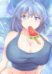 Rule 34 | 1girl, alternate breast size, bare arms, bare shoulders, blue eyes, blue hair, blush, bow, breasts, camisole, cirno, cleavage, curvy, food, hair bow, highres, hip focus, huge breasts, ice, ice wings, long hair, looking at viewer, matching hair/eyes, mouth hold, navel, aged up, popsicle, satou rin (gobugabuge), short hair, solo, sweat, touhou, upper body, watermelon bar, wide hips, wings