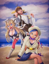 3girls absurdres ahoge arm_support asymmetrical_legwear beach black_thighhighs blonde_hair blue_eyes blue_hair blue_shirt blue_skirt blue_socks blue_thighhighs boots breasts brown_eyes brown_hair brown_skirt cleavage collar commandant_teste_(kancolle) crossed_legs gloves green_eyes hands_on_own_knees hat headgear highres iowa_(kancolle) jacket kantai_collection kongou_(kancolle) large_breasts leaning_forward long_hair long_sleeves looking_at_viewer mismatched_legwear multicolored_hair multiple_girls ocean open_mouth red_hair red_thighhighs sand scarf shirt sitting skirt sleeveless sleeveless_shirt smile soandnb socks standing streaked_hair striped_clothes striped_scarf striped_skirt teeth thighhighs water white_footwear white_gloves white_hair white_hat white_jacket white_shirt white_skirt wide_sleeves