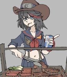Rule 34 | 1girl, beer can, breasts, can, chorizo, cigarette, drink can, fingerless gloves, food, gloves, grey background, grill, grill la grill (meme), highres, holding, holding can, kill la kill, konohagakure symbol, matoi ryuuko, meat, meme, mexico, naruto, naruto (series), navel, pantsu-ripper, simple background, skirt, solo