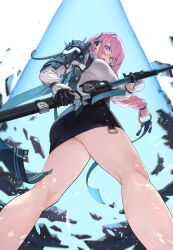 1girl absurdres armor ass black_gloves black_skirt breasts cowboy_shot dress_shirt from_behind glasses gloves hair_between_eyes high-waist_skirt highres holding holding_polearm holding_weapon large_breasts looking_at_viewer looking_down naginata open_mouth outdoors pencil_skirt pink_eyes pink_hair polearm police_riot_(artist) shirt shoulder_armor sidelocks skirt solo standing tsukishiro_yanagi weapon white_shirt zenless_zone_zero