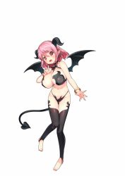 Rule 34 | 1girl, :d, absurdres, bare arms, bare shoulders, barefoot, bikini, black bikini, black thighhighs, blush, bracelet, breasts, cleavage, demon girl, demon horns, demon tail, demon wings, fang, full body, hair between eyes, halterneck, highres, horns, jewelry, large breasts, looking at viewer, maoujou no chef, navel, official art, open mouth, pink eyes, pink hair, pointy ears, short hair, simple background, smile, solo, stomach, swimsuit, tail, thighhighs, toeless legwear, toes, white background, wings, yamacchi