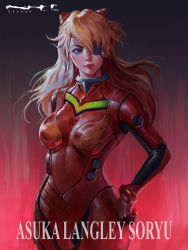 Rule 34 | 1girl, absurdres, artist name, blue eyes, bodysuit, breasts, character name, chawak, cowboy shot, evangelion: 3.0 you can (not) redo, eyepatch, hair between eyes, hand on own hip, headgear, high collar, highres, lips, long hair, medium breasts, neon genesis evangelion, orange hair, plugsuit, rebuild of evangelion, red bodysuit, shiny clothes, solo, souryuu asuka langley, twintails, very long hair, wide hips