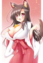 Rule 34 | 1girl, :o, alternate costume, animal ears, between breasts, blush, breasts, brown hair, commentary request, fang, food, fruit, highres, huge breasts, imaizumi kagerou, japanese clothes, long hair, mandarin orange, open mouth, osashin (osada), red eyes, solo, tail, touhou, wide sleeves, wolf ears, wolf tail