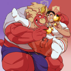 Rule 34 | 2boys, absurdres, apple, bara, beard, black hair, blank eyes, blue shorts, bulge, bulge to ass, carrying, carrying person, collared shirt, colored skin, curled horns, dragon horns, facial hair, feet, feet out of frame, fingernails, food, forked eyebrows, fruit, furry, furry male, furry with non-furry, gardie (otsukimi), golden apple, grin, highres, holding, horns, huge eyebrows, interspecies, kouhei (otsukimi), large bulge, large hands, lion hair, male focus, midriff peek, multiple boys, muscular, muscular male, original, otsukimi, paid reward available, red shorts, red skin, reverse suspended congress, sex, sex from behind, sharp fingernails, sharp teeth, shirt, short hair, shorts, sideburns, sideburns stubble, size difference, smile, socks, stubble, teeth, thick eyebrows, thick thighs, thighs, two-tone background, undersized clothes, uniform, white socks, yaoi