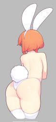 Rule 34 | 1girl, animal ears, ass, bare back, commentary, cowboy shot, cropped legs, fake animal ears, fizintine, from behind, grey background, hairband, highres, luna (fizintine), orange. h, original, panties, rabbit ears, rabbit tail, short hair, simple background, solo, symbol-only commentary, tail, thighhighs, topless, underwear, white hairband, white panties, white thighhighs