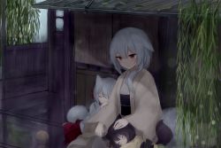 Rule 34 | animal ears, black hair, blush, closed eyes, closed mouth, eyebrows, fox, fox ears, fox tail, guo582, hair between eyes, hand on another&#039;s head, highres, japanese clothes, kimono, long sleeves, original, plant, red eyes, short hair, sitting, sleeping, smile, tail, white hair